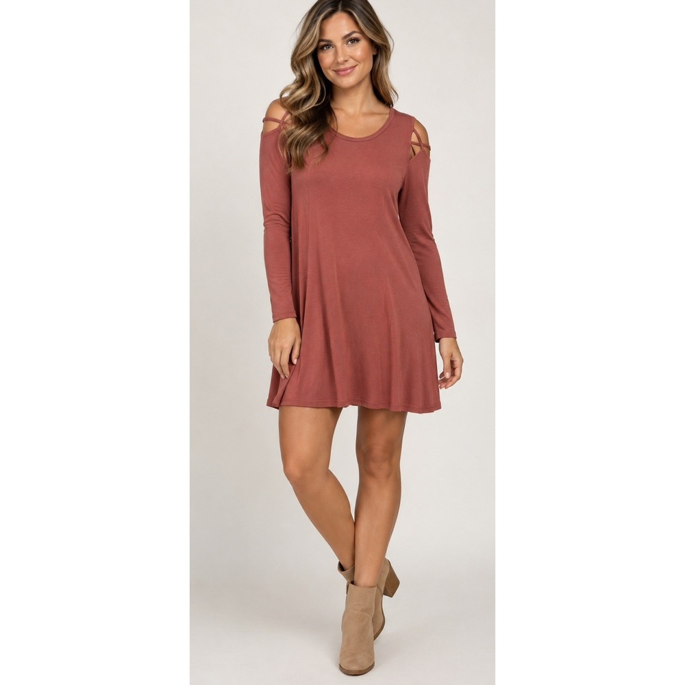Hippie Chic Women's Rust Knit Cold Shoulder Long Sleeve Shift Dress Size L NWT